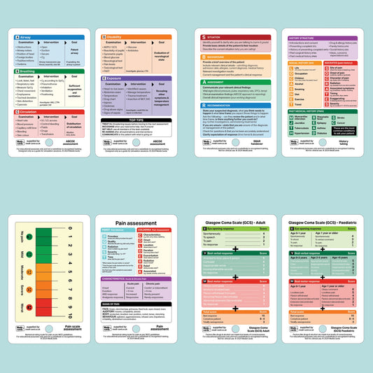 Set of 4 Pocket Cards - includes ABCDE, GCS Adult & Paediatric, SBAR Handover & Pain Assessment with Lobster Clip